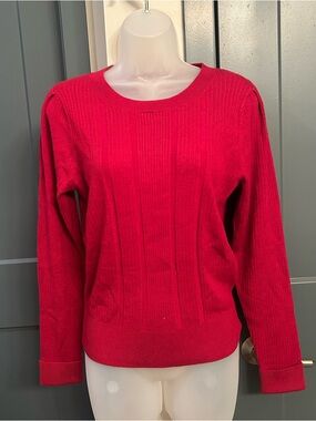 White House Black Market Women's Red Ribbed Crewneck Sweater